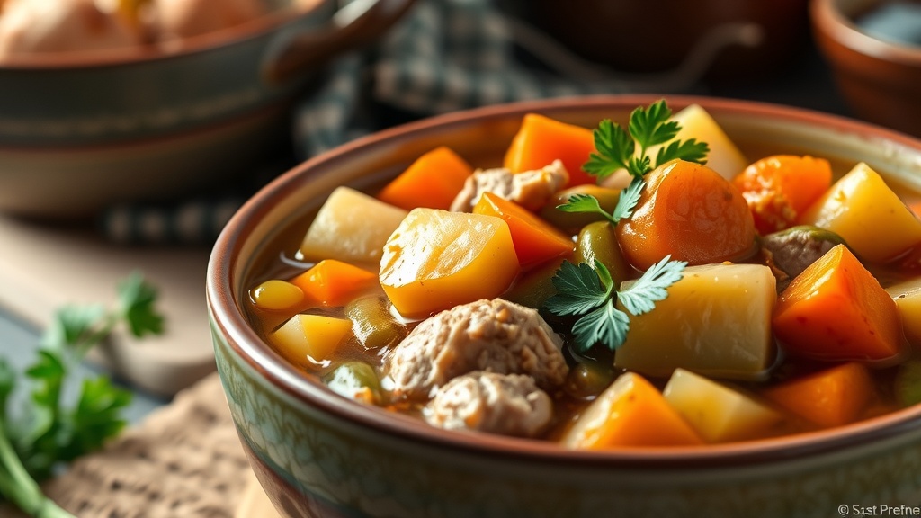 Hearty Turkey Stew Recipe A hearty bowl of turkey stew with carrots, potatoes, green beans in savory broth, garnished with parsley.